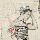 A collage-style portrait of a man wearing a cap and shirt made from layered newspaper clippings, featuring text fragments like ’spider-man’ and brand names such as dior.