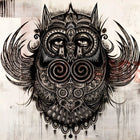 An owl with tribal patterns on its face