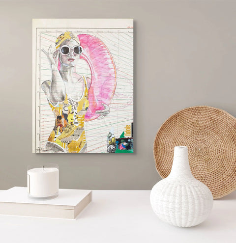 A vibrant mixed-media artwork featuring a stylized woman in sunglasses and a yellow patterned swimsuit holding a pink inflatable ring, set against a background resembling architectural blueprint lines.