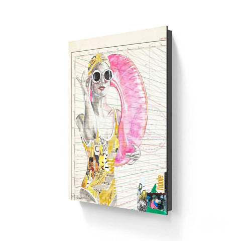 A vibrant pop-art canvas print featuring a stylized woman in yellow swimwear and sunglasses holding a pink inflatable ring, set against a grid-lined background with collage elements.