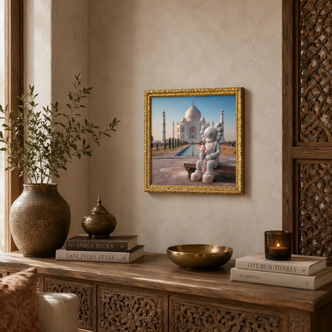 A framed original aluminium artwork featuring a gray kaws character sitting in front of the taj mahal in an ornate gold frame