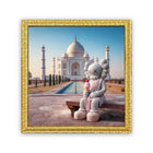 A gray kaws-style plush figure with x’d eyes wearing a pink garment holding ice cream in front of the taj mahal india princess kweam original aluminium artwork