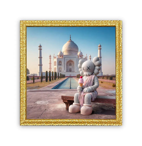 A gray kaws-style plush figure with x’d eyes wearing a pink garment holding ice cream in front of the taj mahal india princess kweam original aluminium artwork