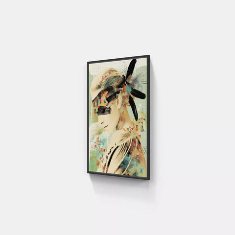 A painting on a wall with a black frame