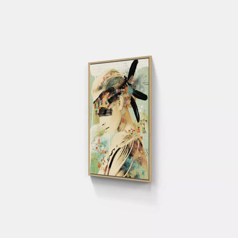 A painting on a wall with a woman’s face