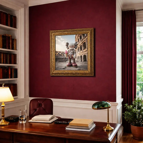 Gold-framed original aluminium artwork of gray kaws holding ice cream with colosseum background in italy