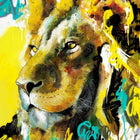 A painting of a lion with yellow and blue paint strokes