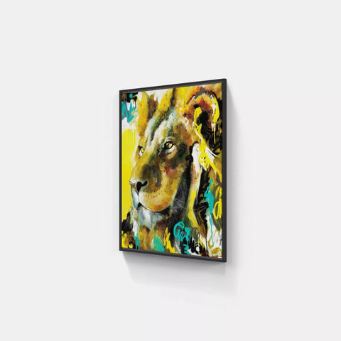 A framed painting of a lion on a wall