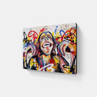 A painting of a woman with colorful hair and a smile on her face