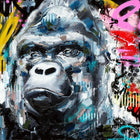 A gorilla with colorful paint splats on it