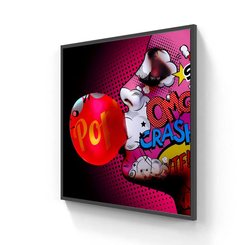 Lady bubble pop limited edition aluminium canvas with vibrant pop art comic graphics and bold red pow bubble on pink background