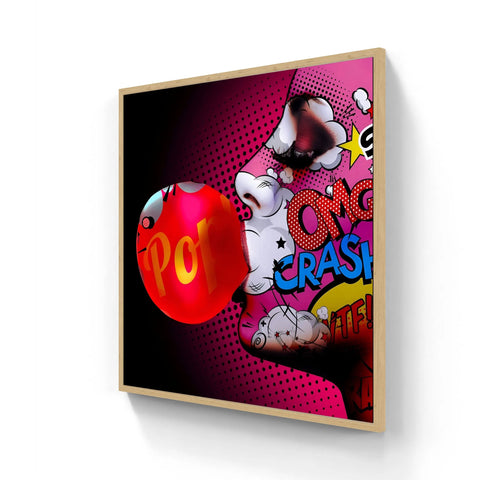 Vibrant lady bubble pop limited edition aluminium canvas with cartoonish face and bold comic book style speech bubbles