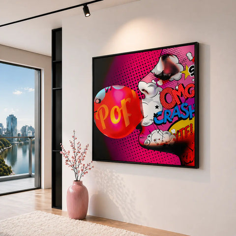 Vibrant lady bubble pop limited edition aluminium canvas with bold pink red and yellow pop art comic book graphics