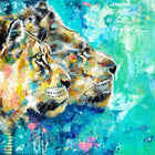 A painting of a lion on a blue background