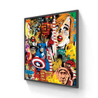 Framed, colorful pop art painting featuring comic book and pop culture imagery.