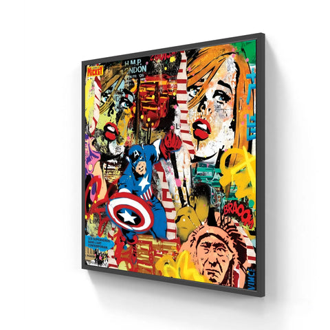 Framed, colorful pop art painting featuring comic book and pop culture imagery.