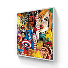 Pop art canvas print featuring comic book characters and collage elements.
