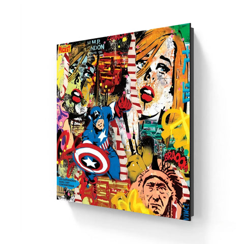 Vibrant pop art canvas featuring comic book characters and distressed female faces.