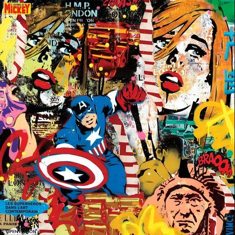 Pop art collage featuring comic book characters and distressed imagery