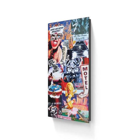 Colorful, collage-style canvas artwork featuring pop culture imagery and graffiti-like elements.