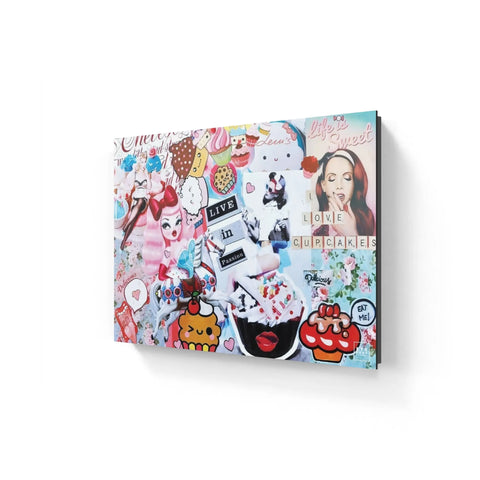 Colorful collage-style artwork on canvas featuring pop culture imagery, text, and cartoon elements.