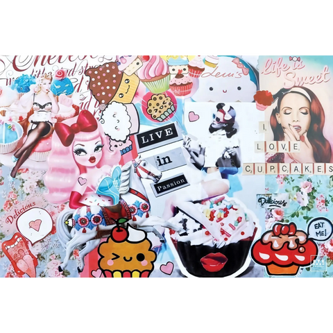 Colorful collage featuring various pop culture images, cartoon characters, and text snippets in a busy, eclectic composition.
