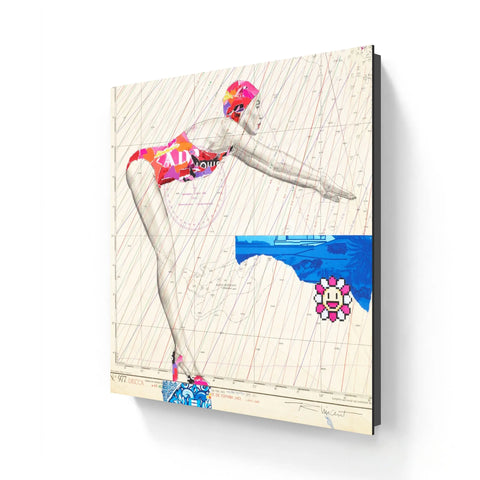 A vibrant, mixed-media artwork featuring a swimmer in a colorful swimsuit and cap against a backdrop of nautical chart lines.