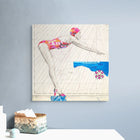 Vibrant collage canvas featuring a swimmer in pink and orange swimsuit against a map-like background with blue water and a smiling flower motif