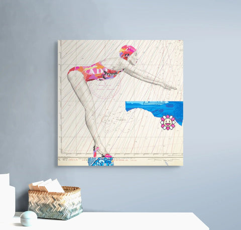 Vibrant collage canvas featuring a swimmer in pink and orange swimsuit against a map-like background with blue water and a smiling flower motif