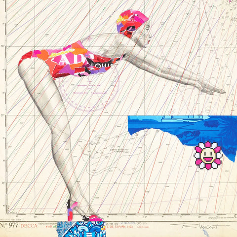 A vibrant, collage-style illustration of a swimmer in motion, wearing a colorful patterned swimsuit and cap with bold reds, pinks, oranges, and purples against a backdrop resembling nautical charts.