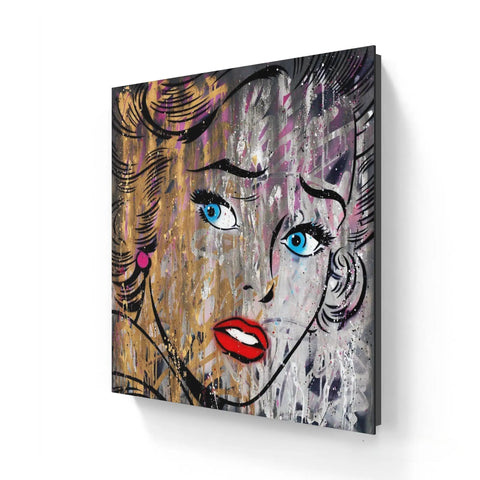 Abstract portrait painting featuring vibrant blue eyes and red lips against a textured, multi-colored background.