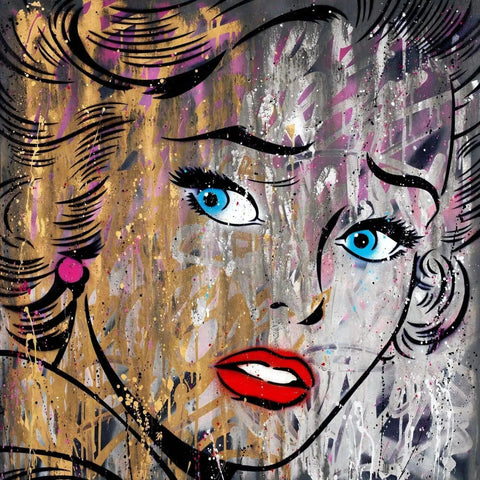 Stylized portrait of a woman with vibrant blue eyes and red lips against a textured, abstract background.