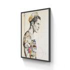 A framed mixed-media artwork featuring a stylized male figure with collage elements and text on an off-white background.