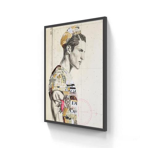 A framed mixed-media artwork featuring a stylized male figure with collage elements and text on an off-white background.