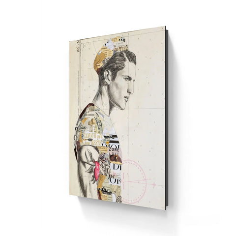 A modern mixed-media canvas print featuring a stylized male portrait with layered collage elements in beige, black, and gold tones.