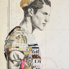 A collage-style portrait of a man in profile, composed with vintage map fragments and printed text pieces layered over pencil-drawn features.