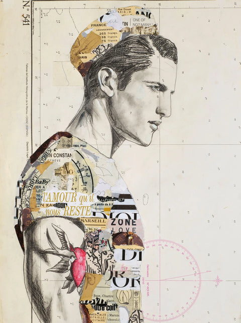 A collage-style portrait of a man in profile, composed with vintage map fragments and printed text pieces layered over pencil-drawn features.