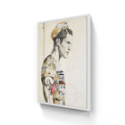 A framed mixed-media artwork featuring a stylized male portrait with collage elements, set against a vintage map background.