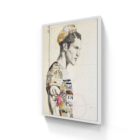 A framed mixed-media artwork featuring a stylized male portrait with collage elements, set against a vintage map background.