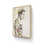 A framed mixed-media artwork featuring a stylized male portrait with collage elements and typography, encased in a light wood frame.