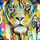 A painting of a lion with colorful paint splats