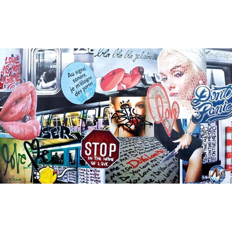 Colorful street art mural featuring a collage of pop culture imagery and text.