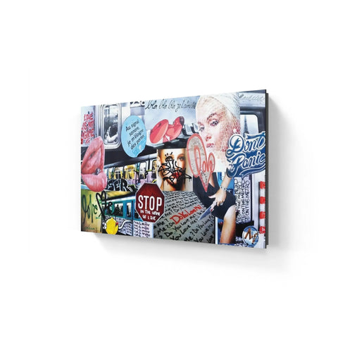 Canvas print featuring a colorful urban street art collage with various images and text.