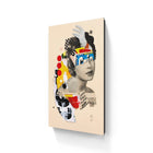 Artistic collage portrait combining a woman’s face with abstract shapes and text elements.