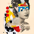 Surrealist collage portrait combining vintage photography with colorful abstract elements and text.