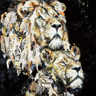 A painting of a lion with many different types of animals
