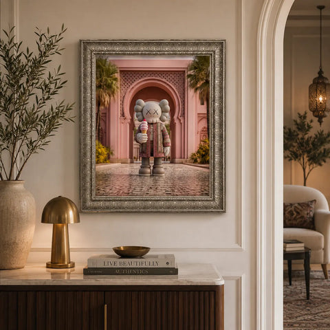 Silver-framed original aluminium artwork featuring a kaws character in a pink moroccan archway setting