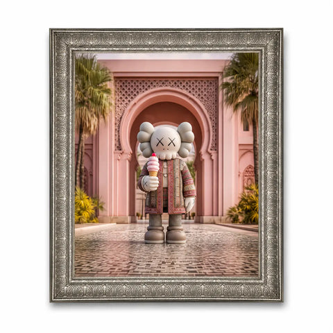 A kaws-style beige figurine with gray cloud hair and black x eyes holding an ice cream in front of pink moroccan architecture in original aluminium artwork