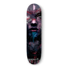 Dark artistic skateboard deck featuring an ethereal portrait design in purple and pink tones.