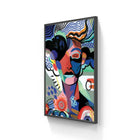Abstract, colorful painting depicting a stylized face with geometric shapes and swirling patterns.